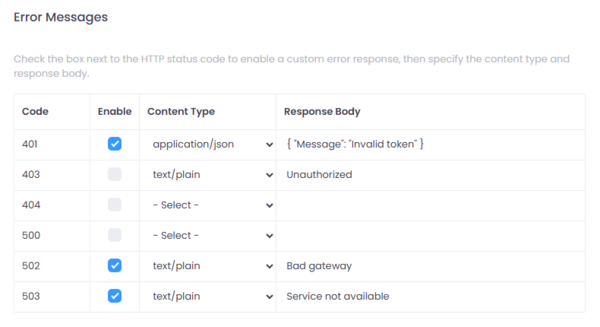 Global Error Messages Settings screen