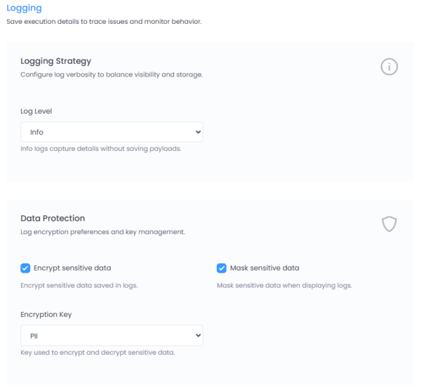 Logging configuration screen showing logging strategy and data protection settings