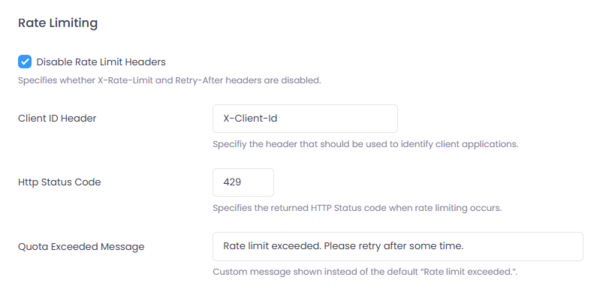 Global Rate Limiting Settings screen